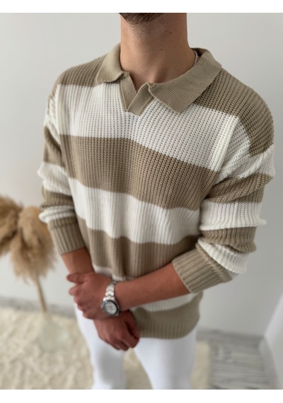 Say-Has Fashion Rahat Kalıp Erkek Polo Yaka Çizgili Triko Kazak Bej