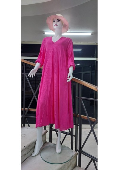 Bohem Stil İtalyan V Yaka Uzun Kol Keten Elbise-8907 Pembe