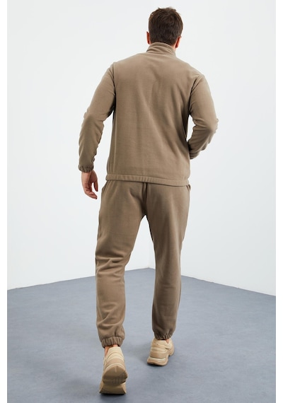Tommy Life Camel Yarım Fermuar Dik Yaka Lastik Paça Polar Erkek Eşofman Takımı - 85159 Camel