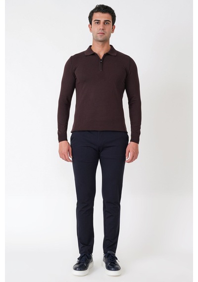 Slim Fit Esnek Pamuklu Fermuarlı Polo Yaka Kahverengi Triko Tr 902