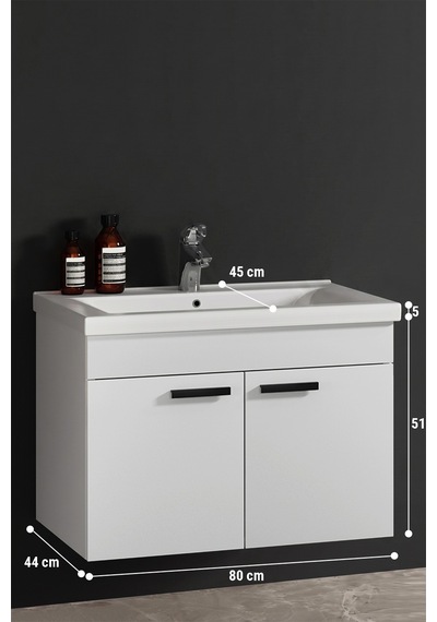 Çiğdem Kulplu 80 Cm Beyaz Mdf Seramik Lavabolu Asma Banyo Alt Dolabı