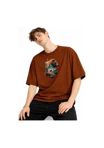 Misa Tahtakale Bear2 - Oversize Tişört Kahve Çok Renkli