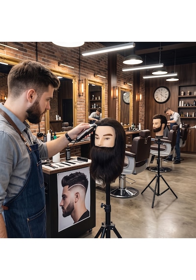 Erkek Kuaför Eğitim Mankeni - %100 Gerçek Saç + Masa Aparatı - Doğal Renk