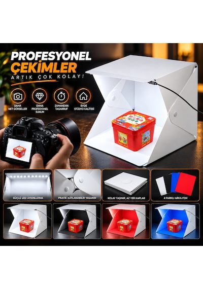 Triline 20x20 Cm Led Işıklı Mini Ürün Fotoğraf Çekim Çadırı 4 Renk Fonlu Taşınabilir Stüdyo Beyaz