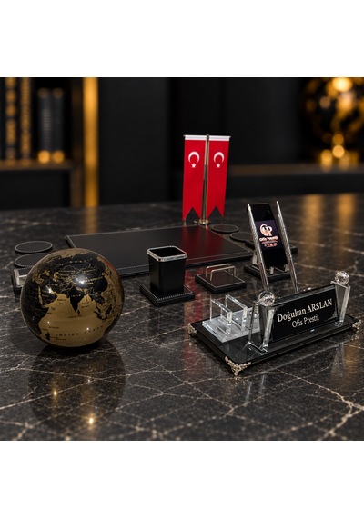 Ofis Prestij 13 Parça Gold Dünya Küreli Kristal Kişiye Özel İsimlik Ve Sümen Seti Siyah