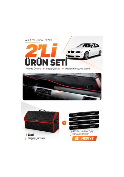 Bmw E90 2005-2013 Uyumlu Torpido Örtüsü + Deri Bagaj Çantası + Sticker Seti - Siyah Kırmızı
