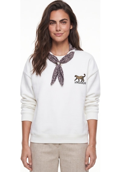 Onloox Kadın Beyaz Beyaz Pamuklu Üç İplik Şardonlu Oversize Leopar Nakışlı Fular Detaylı Sweatshirt