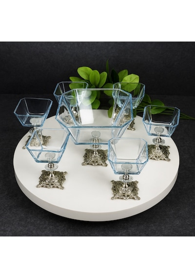 Elta Collection Karen 7 Parça Döküm Gümüş Ayaklı Sunumluk Seti Magnolia Dondurmalık Cup Ve Salata Kase Seti gümüş