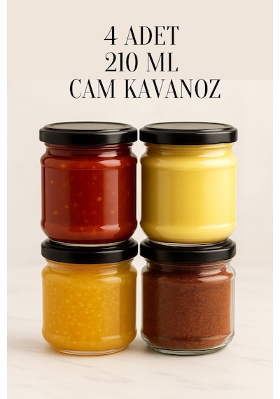 Rotanev Metal Siyah Konserve Kapaklı Mama Yoğurt Saklama 210 Cc Şeffaf Cam Kavanoz 4 Adet 210 ml