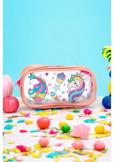 01112 Pembe Renk Unicorn Desenli Şeffaf Su Geçirmez Tek Bölmeli Kalem Kutusu