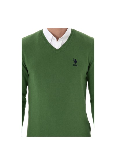 U.S. Polo Assn. Erkek Slim Fit V Yaka Yeşil Basic Kazak 50288881-VR054