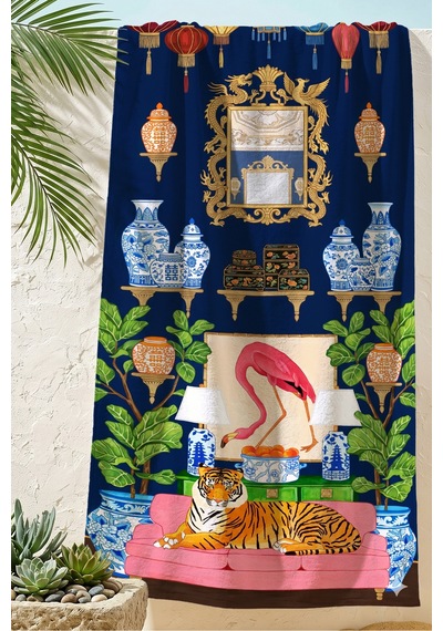 Egzotik Kaplan Temalı Lacivert Plaj Havlusu - Maksimalist Chinoiserie Dekor Mikrofiber Havlu Sakin Zambak