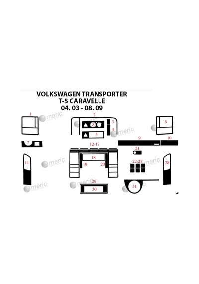 Volkswagen Carevella T5 Torpido Kaplama 2003-2009 31 Parça Piano Black