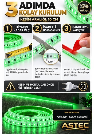 Astec Yapışkanlı 3 Metre Yeşil 220v Silikonlu Şerit Led Yüksek Güç Tak Çalıştır İç Dış Mekân Su Geçirmez