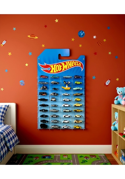 Hotwheels Temalı 40 Arabalık Duvar Rafı Kartonet Gorunumlu 1/64 Diecast Araba Dekoratif Düzenleyici Stand Çok Renkli