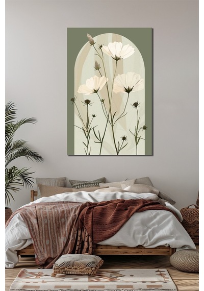 Minimalist Çiçek Baskılı Cam Tablo Yeşil Zemin Beyaz Çiçek Desenli Modern Dekor