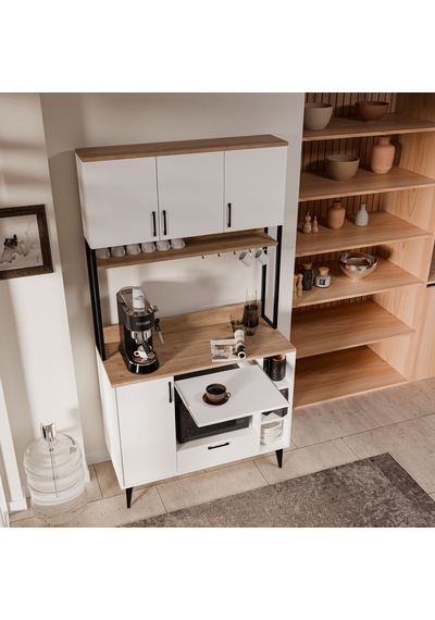 MEZZA 5260 COFFEMATE Kahve Köşesi 105 cm Çok Amaçlı Dolap Kiler Mutfak Dolabı Sepet Beyaz