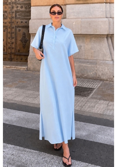 Madmext Bebe Mavisi Modal Kumaş Maxi Gömlek Elbise Mg2866