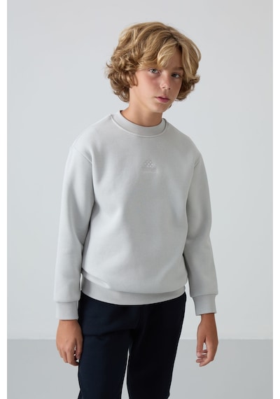 Tommylife Tommy Life Taş Pamuklu Kalın İçi Tüylü Yumuşak Dokulu Standart Fit Nakışlı Erkek Çocuk Sweatshirt - 11232 Taş