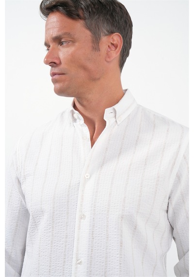 İmza Beyaz-haki Yumuşak Yaka Uzun Kol Slim Fit Pamuklu Gömlek 1004260259 Beyaz - Haki
