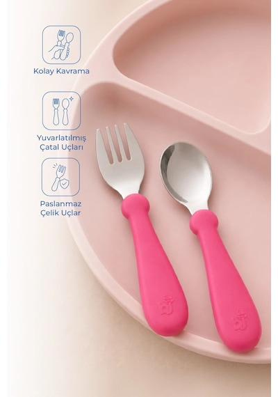 Babyjem Paslanmaz Çelik Bebek Çatal Kaşık Seti - Pembe