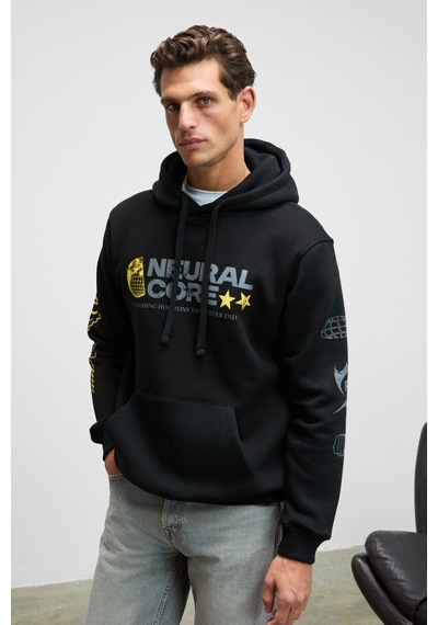 Grımelange Cornelıus Erkek Önü Ve Kolları Baskılı Kapüşonlu Kordonlu Kanguru Cepli Siyah Sweatshirt Siyah