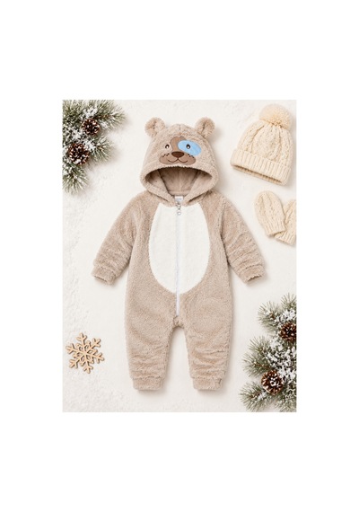Kız Erkek Bebek Welsoft Peluş Tulum Kapüşonlu Fermuarlı Kışlık Bebek Tulumu Köpek Figürlü Yumuşak Polar Tulum Krem