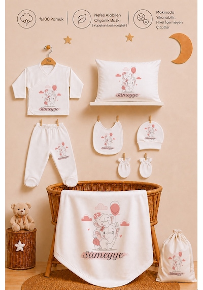 Pia Baby Kız Bebek Hastane Çıkışı 12 Parça %100 Pamuk İsme Özel Organik Baskılı Kese Hediyeli 209211k0x Ekru