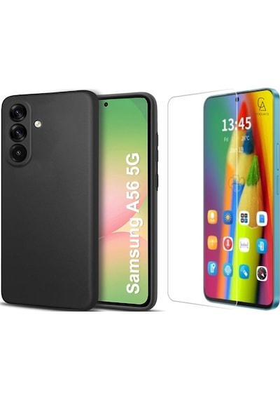 Samsung Galaxy A56 Uyumlu Kılıf Esnek Silikon Telefon Kılıfı Ve Temperli Cam Ekran Koruyucu Siyah