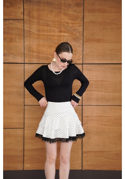 Verymoda Puantiyeli Dantel Detaylı Saten Etek D2962 Krem