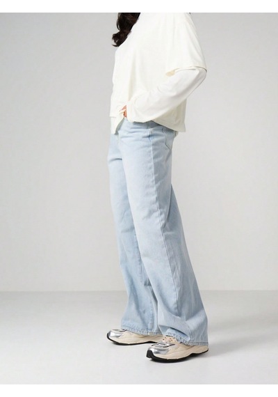 Buz Mavi Palazzo Pantolon Wide Leg Yüksek Bel Denim Jeans Mavi