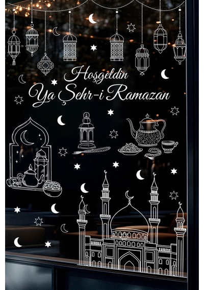 Ramazan Cam Sticker Seti Hoşgeldin Ya Şehr-i Ramazan Yazılı, Çift Taraflı Şeffaf Pencere Süsü Dijital Baskı