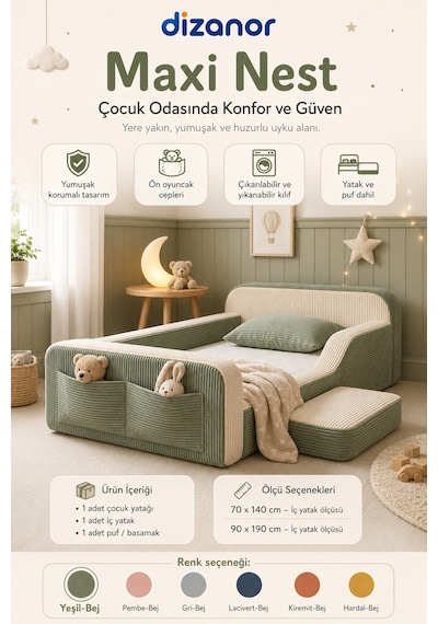 Dizanor Maxi Nest Montessori Çocuk Karyola Yatak Seti Yeşil Fitilli 140 X 200 Dizanor Maxi Nest Montessori Çocuk Karyola Yatak Seti Yeşil Fitilli 140 X 200