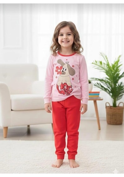Kız Çocuk Baskılı Uzun Kollu Pijama Takımı Sevimli Ev Giyimi-8408- Fuşya