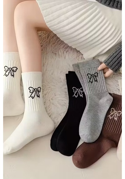 Hitit Socks Kadın 5 Çift Premium Kalite Kurdele Desenli Günlük Kullanıma Uygun Kolej Çorap Çok Renkli