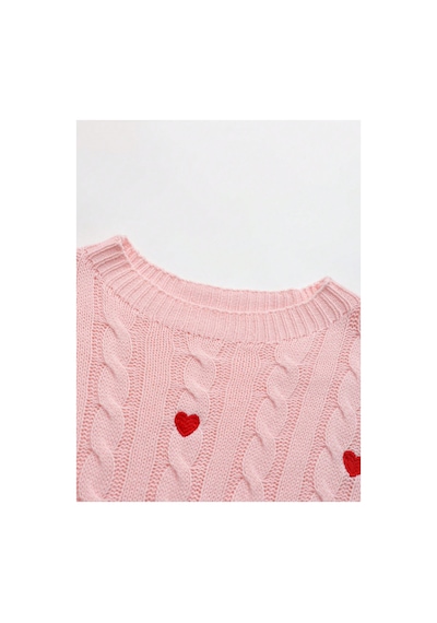 Sayzen Your Shine Kalp Nakış Detaylı Saç Örgülü Crop Kadın Kazak Pembe