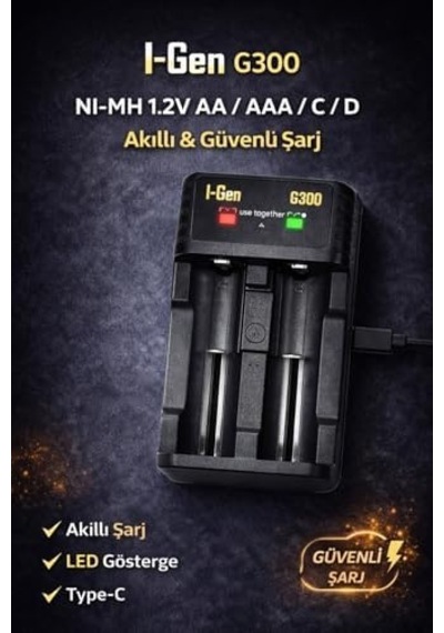 I-gen Batteries G300 Akıllı Ni-mh Pil Şarj Cihazı, Type-c Girişli 2 Slot Hızlı Şarj Aleti, Aa / Aaa / C / D Şarjlı Pil Uyumlu
