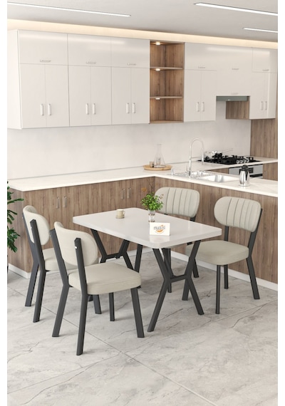 Gnr 70x110cm Sabit Beyaz Mutfak Masası Takımı, Yemek Masası, 4 Modern Krem Sandalye Krem