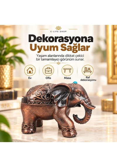 Lüks Alaşım Metal Fil Figürlü Kapaklı Dekoratif Küllük Ve Takı Saklama Kutusu Metal Biblo 18 X 12 Cm