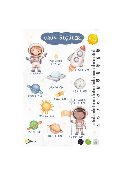 Astronotlar, Uzay Ve Gezegenler Temalı Temalı Boy Ölçer Boy Cetveli Sticker Seti Çocuk Dijital Baskı