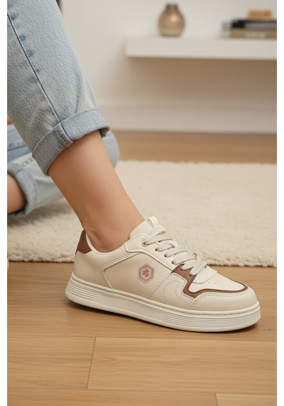 Enoch Yan Panel Logolu Lmbrck Model Düz Tabanlı Bağcıklı Kadın Sneaker Bej