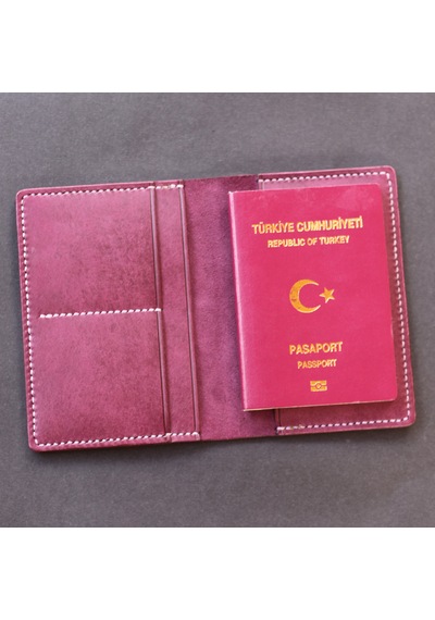 Leather Craft Hakiki Deri Isme Özel Pasaport Kılıfı - Mor