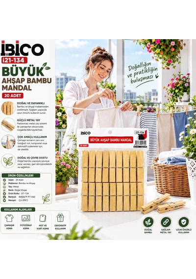 20pcs Büyük Ahşap Bambu Mandal 5047 Gümüş