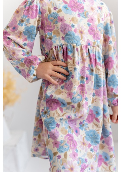 Zeyland Kız Çocuk Desenli Dokuma Elbise-Mürdüm