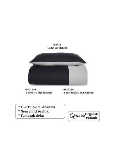 Tr Organik Pamuk Akfil Çift Taraflı Nevresim Takımı Tek Kişilik 160x220 Cm Siyah Gri Siyah-gri 160 X 220 Diğer