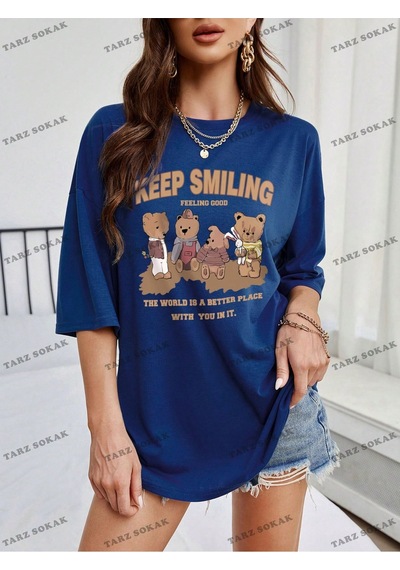 Flood Of Style Unisex Bay Ayı Ve Slogan Grafikli Düşük Omuz Tişört Kod-1339 Mavi