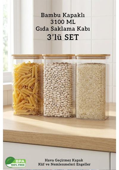 Bambu Kapaklı Dikdörtgen Hava Geçirmez Gıda Saklama Kabı Seti Büyük Boy 3.1 Litre Bakliyat Kabı Şeffaf