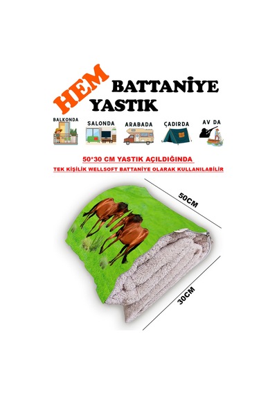 At Desen Baskılı Tv Battaniyeli Opsiyonel Dekoratif Yastık Battaniye 2in1 Çok Renkli