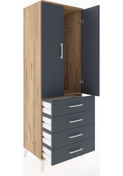 Hyperion Dolap Tek Raflı 4 Çekmeceli Tek Askılı 60x44x182 Çam... Çam