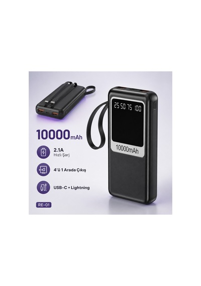 10000 Mah Powerbank 2 Usb Çıkışlı Dahili Type-c Ve Lightning Kablolu Led Işıklı Dijital Göstergeli- Re-01 Diğer